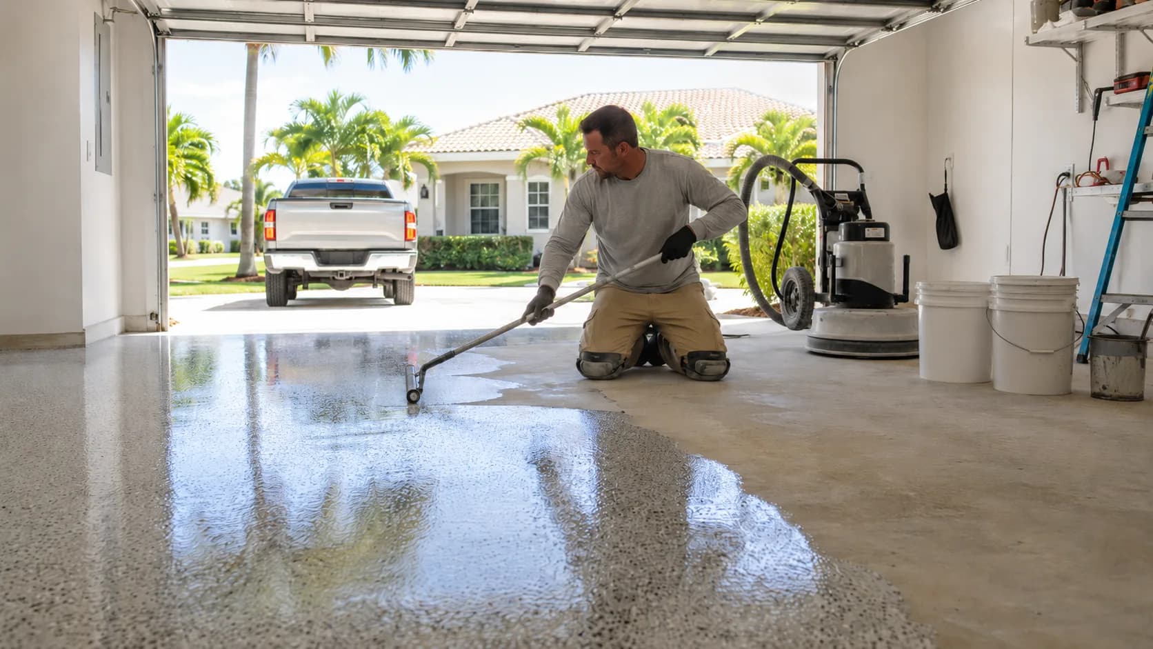Epoxy flooring installer applying a high-gloss coating to a residential garage floor in Cantonment, Florida